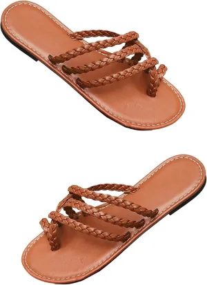OYOANGLE Women's Boho Toe Thong Strappy Braided Sandals Open Toe Slip On Vacation Flat Sandal