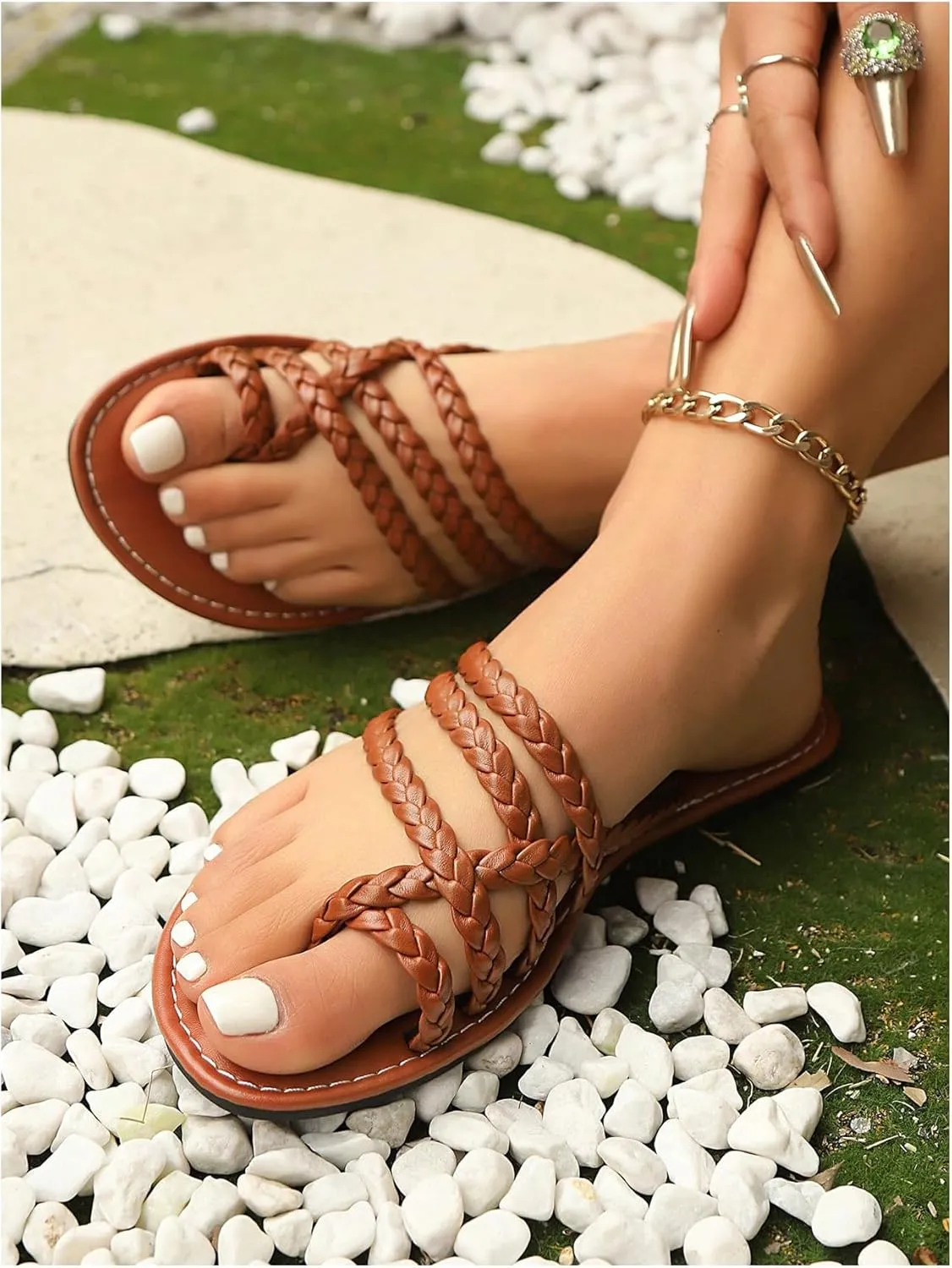 OYOANGLE Women's Boho Toe Thong Strappy Braided Sandals Open Toe Slip On Vacation Flat Sandal