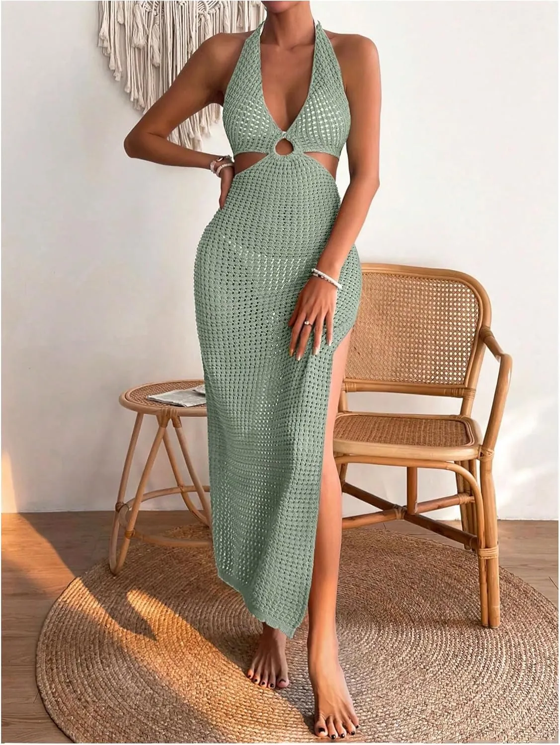 OYOANGLE Women's Crochet Halter Sleeveless Bikini Dresses V Neck Split Cover Up Long Dress