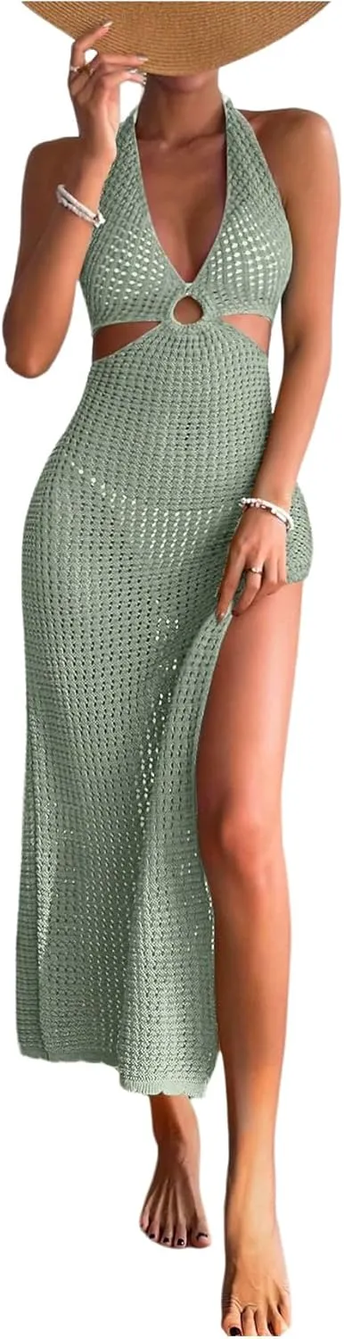 OYOANGLE Women's Crochet Halter Sleeveless Bikini Dresses V Neck Split Cover Up Long Dress