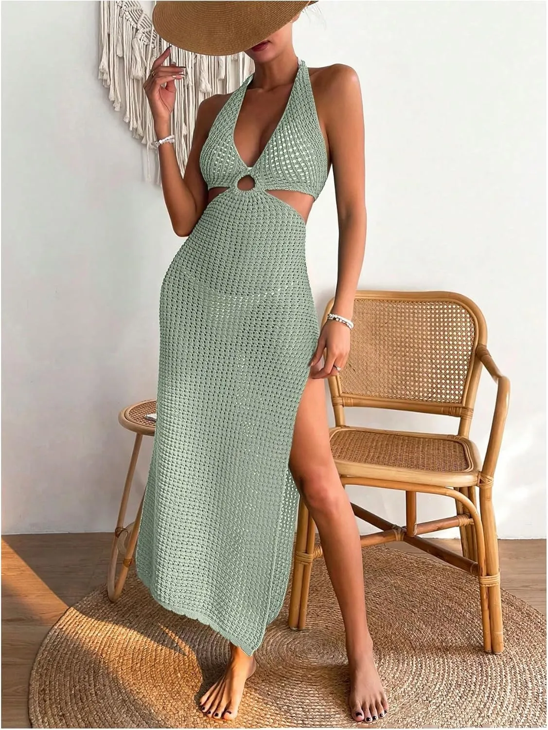 OYOANGLE Women's Crochet Halter Sleeveless Bikini Dresses V Neck Split Cover Up Long Dress