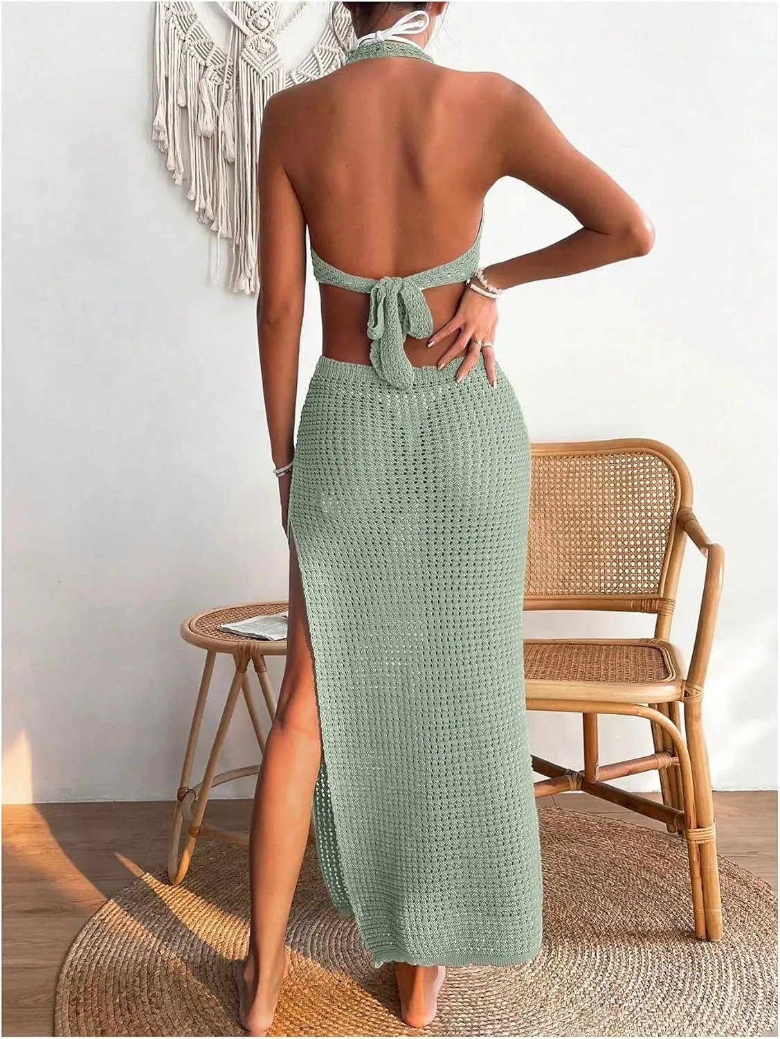 OYOANGLE Women's Crochet Halter Sleeveless Bikini Dresses V Neck Split Cover Up Long Dress