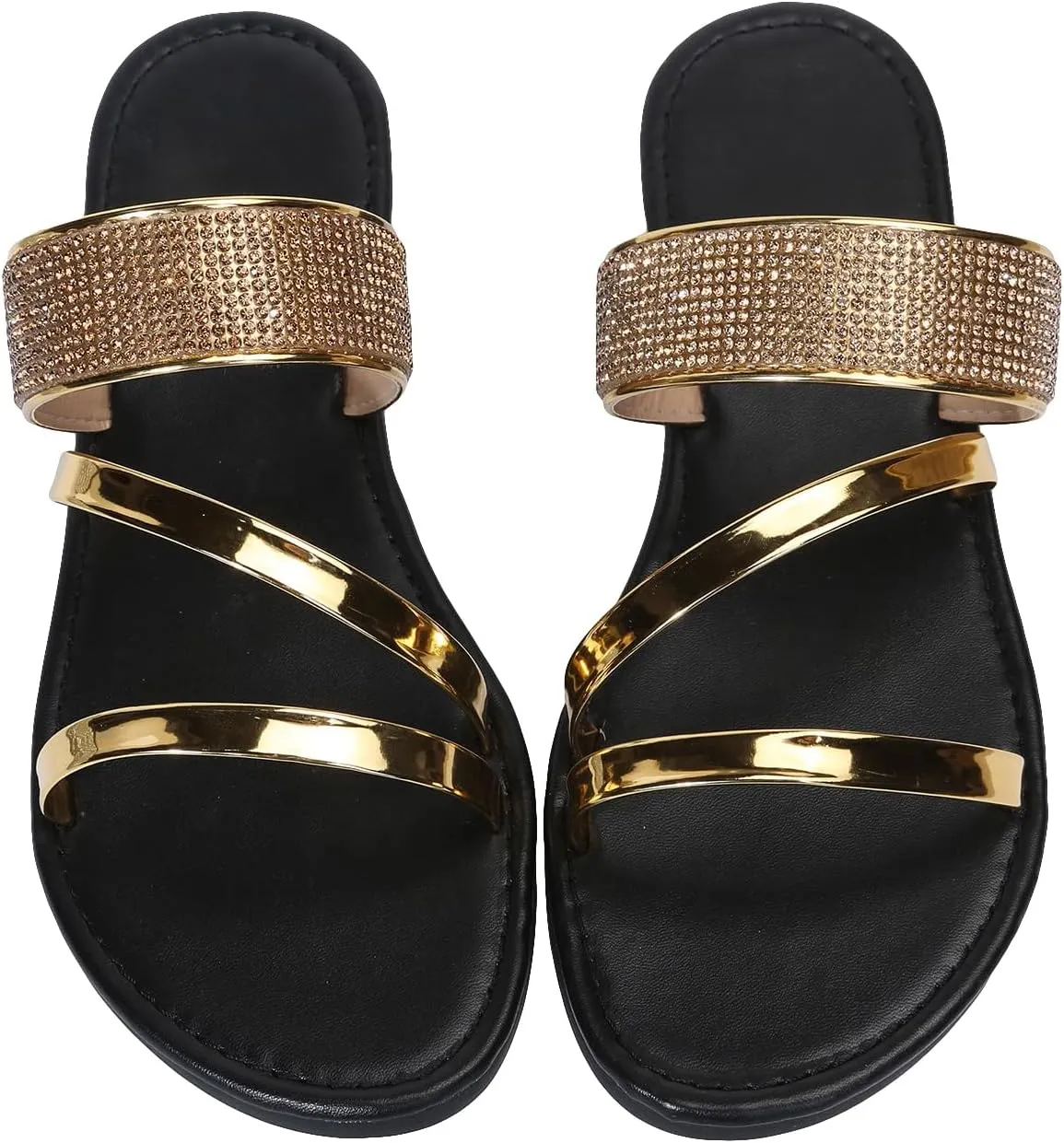 OYOANGLE Women's Rhinestone Decor Flat Sandals Open Toe Slip on Slides Fashionable Casual Dressy Multi Strap Sandals