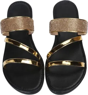 OYOANGLE Women's Rhinestone Decor Flat Sandals Open Toe Slip on Slides Fashionable Casual Dressy Multi Strap Sandals