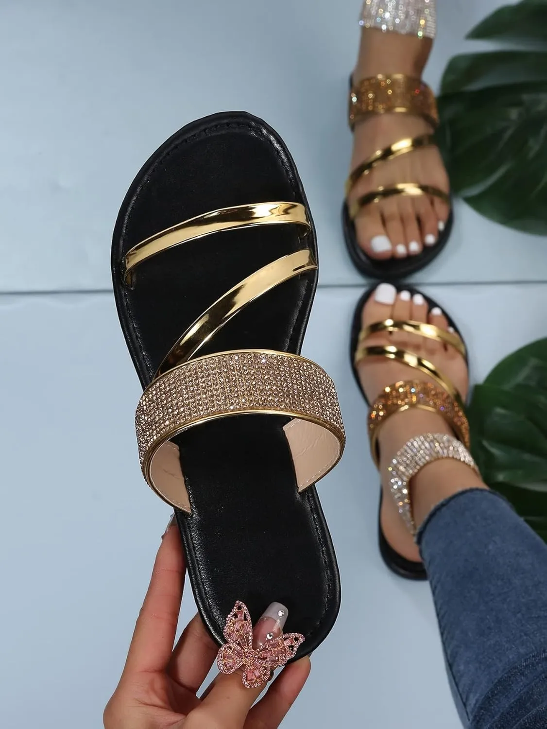 OYOANGLE Women's Rhinestone Decor Flat Sandals Open Toe Slip on Slides Fashionable Casual Dressy Multi Strap Sandals