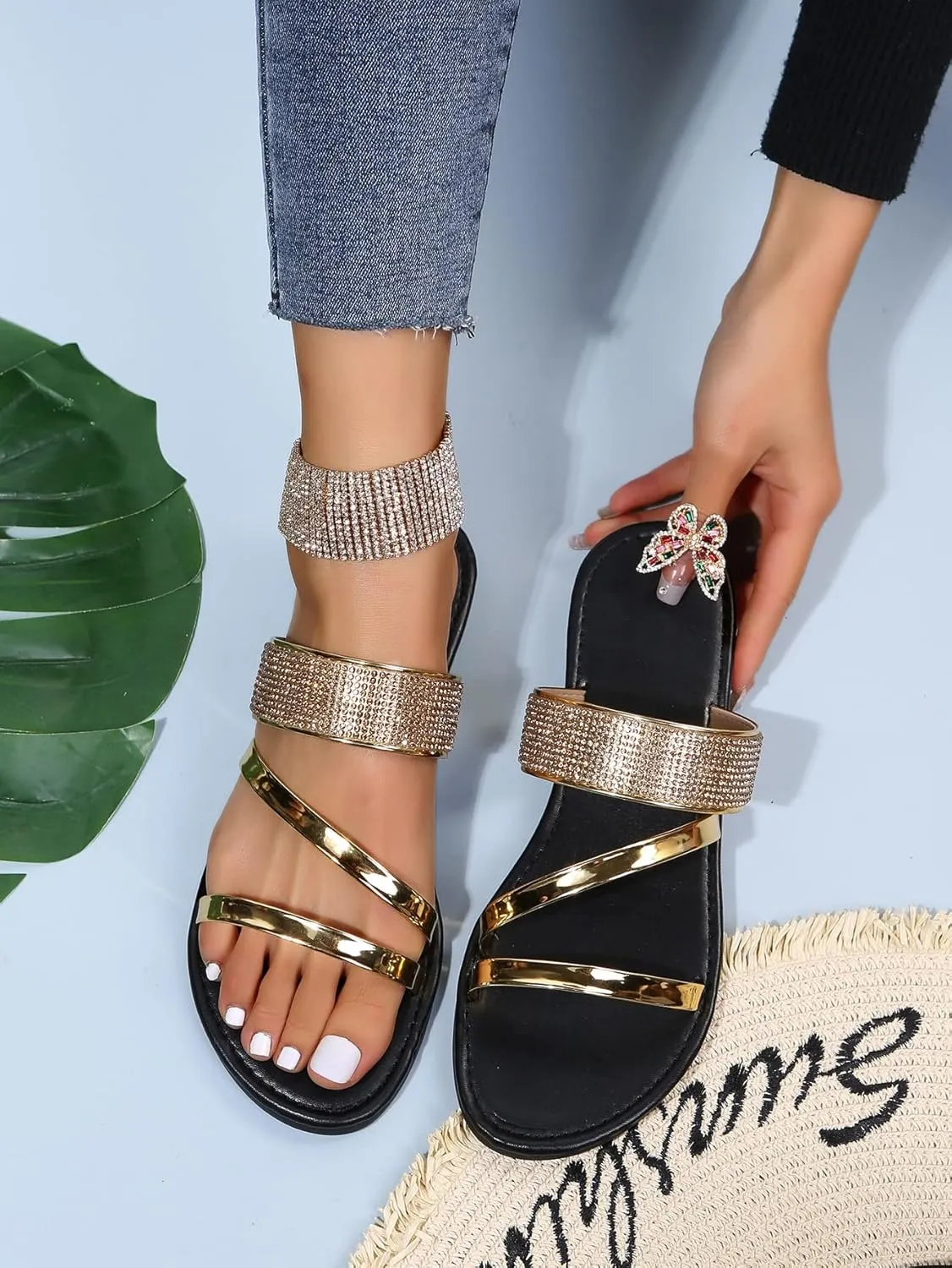 OYOANGLE Women's Rhinestone Decor Flat Sandals Open Toe Slip on Slides Fashionable Casual Dressy Multi Strap Sandals