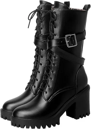 Parisuit Women's Chunky High Heel Lace Up Mid Calf Boots Goth Buckle Platform Combat Boots Punk Zip Up Booties