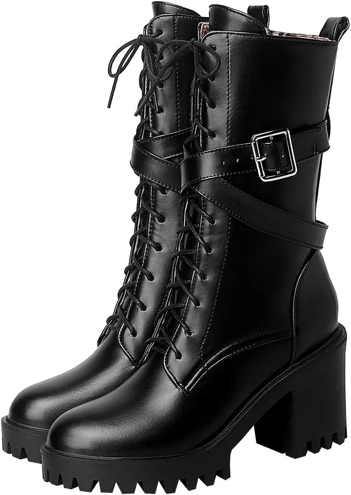 Parisuit Women's Chunky High Heel Lace Up Mid Calf Boots Goth Buckle Platform Combat Boots Punk Zip Up Booties
