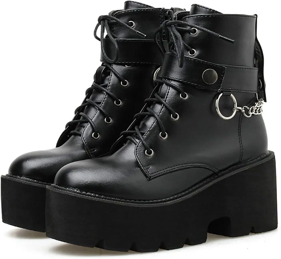 Parisuit Womens Goth Patent Ankle Boots Platform Chunky High Heel Lace Up Combat Boots Punk Short Booties