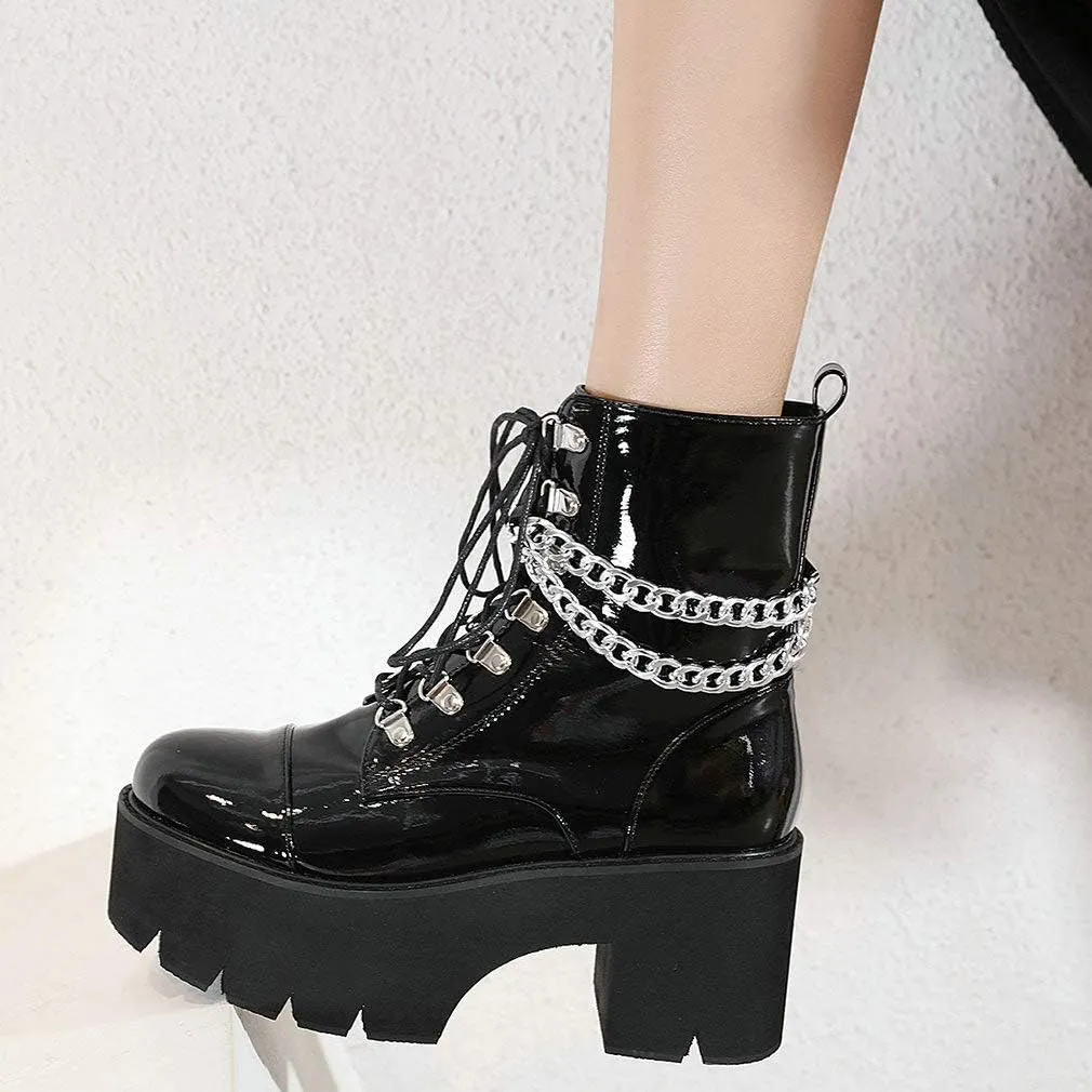 Parisuit Womens Goth Patent Ankle Boots Platform Chunky High Heel Lace Up Combat Boots Punk Short Booties