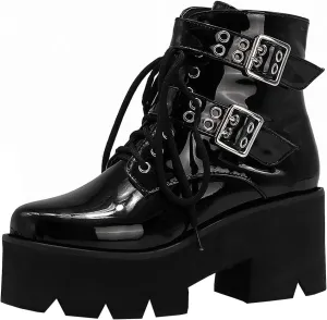 Parisuit Womens Goth Patent Ankle Boots Platform Chunky High Heel Lace Up Combat Boots Punk Short Booties