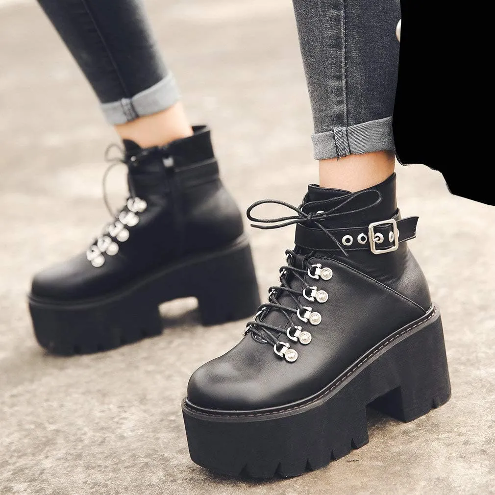 Parisuit Womens Goth Patent Ankle Boots Platform Chunky High Heel Lace Up Combat Boots Punk Short Booties