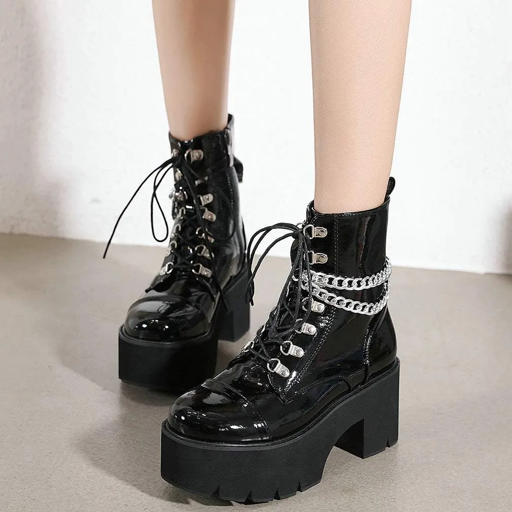 Parisuit Womens Goth Patent Ankle Boots Platform Chunky High Heel Lace Up Combat Boots Punk Short Booties