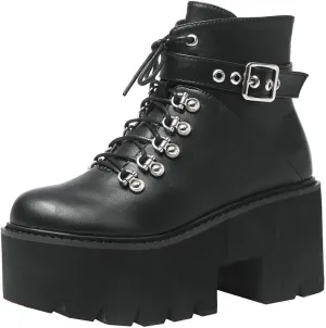 Parisuit Womens Goth Patent Ankle Boots Platform Chunky High Heel Lace Up Combat Boots Punk Short Booties