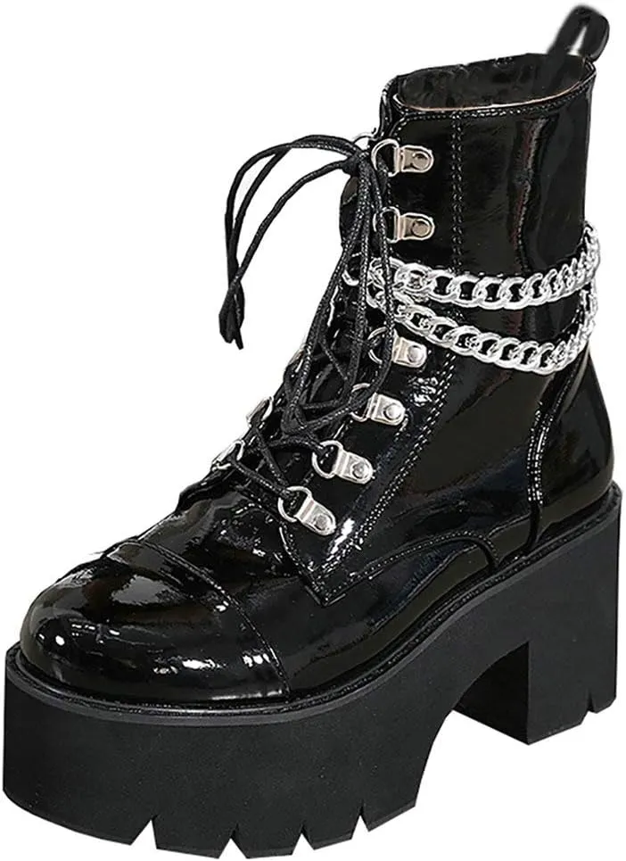 Parisuit Womens Goth Patent Ankle Boots Platform Chunky High Heel Lace Up Combat Boots Punk Short Booties