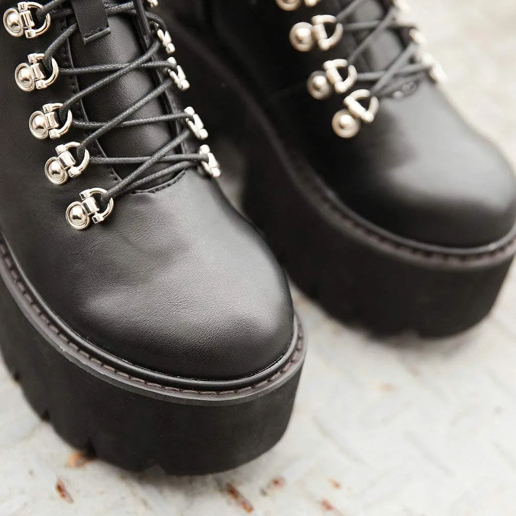Parisuit Womens Goth Patent Ankle Boots Platform Chunky High Heel Lace Up Combat Boots Punk Short Booties