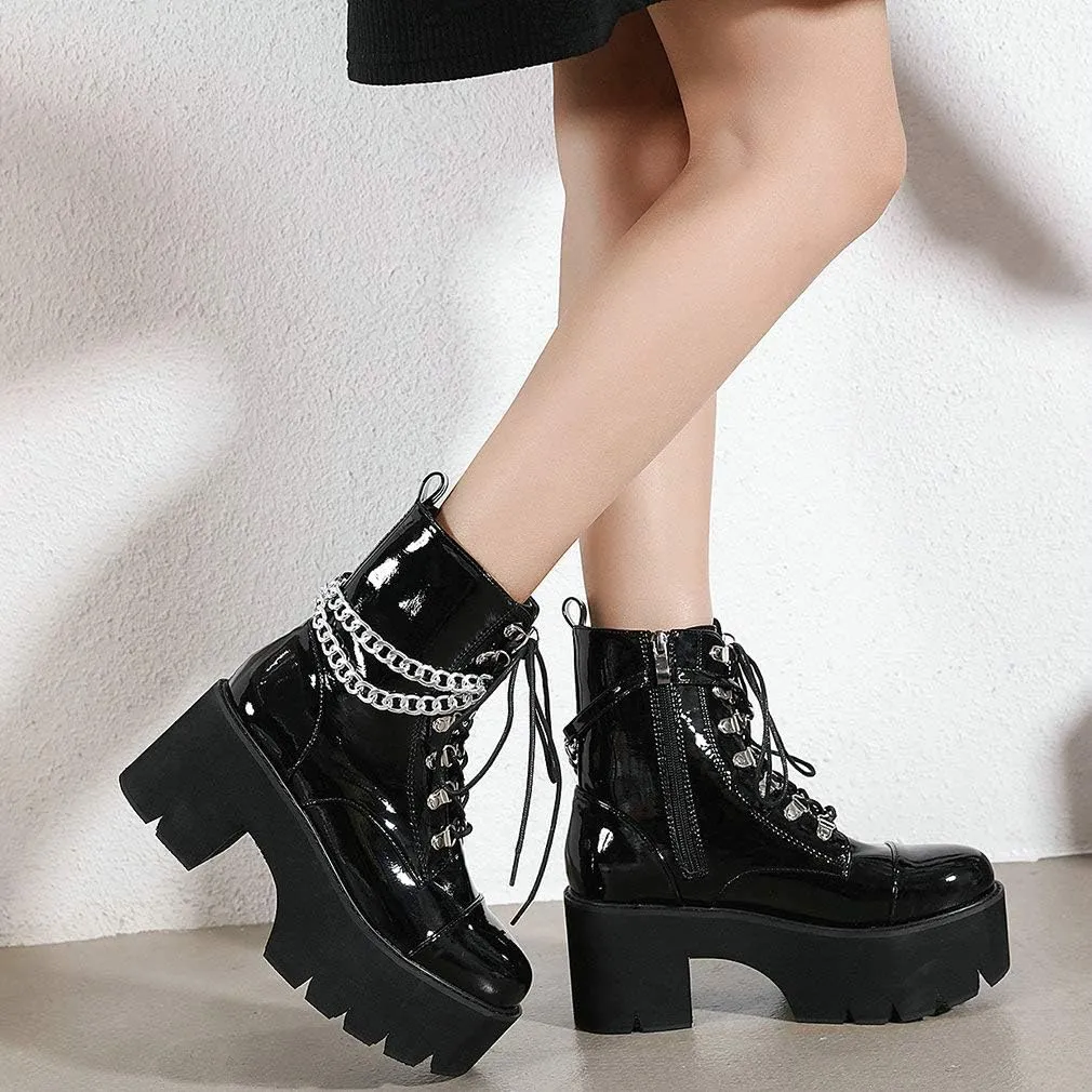 Parisuit Womens Goth Patent Ankle Boots Platform Chunky High Heel Lace Up Combat Boots Punk Short Booties