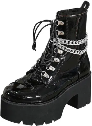 Parisuit Womens Goth Patent Ankle Boots Platform Chunky High Heel Lace Up Combat Boots Punk Short Booties