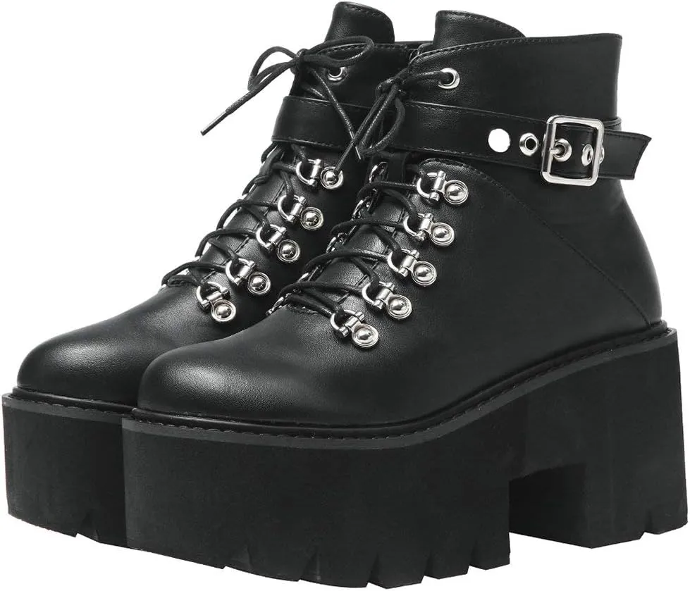 Parisuit Womens Goth Patent Ankle Boots Platform Chunky High Heel Lace Up Combat Boots Punk Short Booties