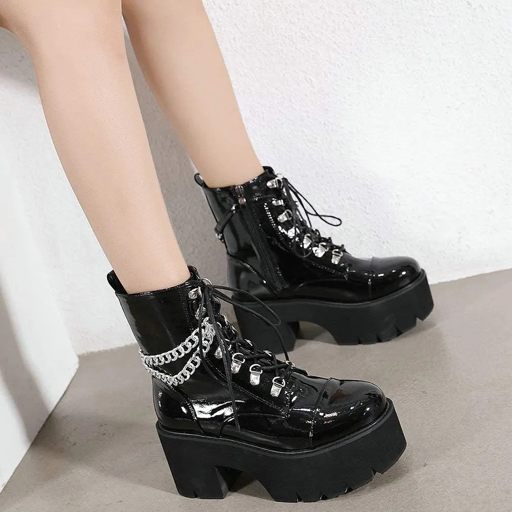 Parisuit Womens Goth Patent Ankle Boots Platform Chunky High Heel Lace Up Combat Boots Punk Short Booties