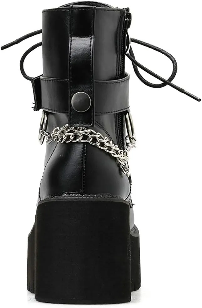 Parisuit Womens Goth Patent Ankle Boots Platform Chunky High Heel Lace Up Combat Boots Punk Short Booties