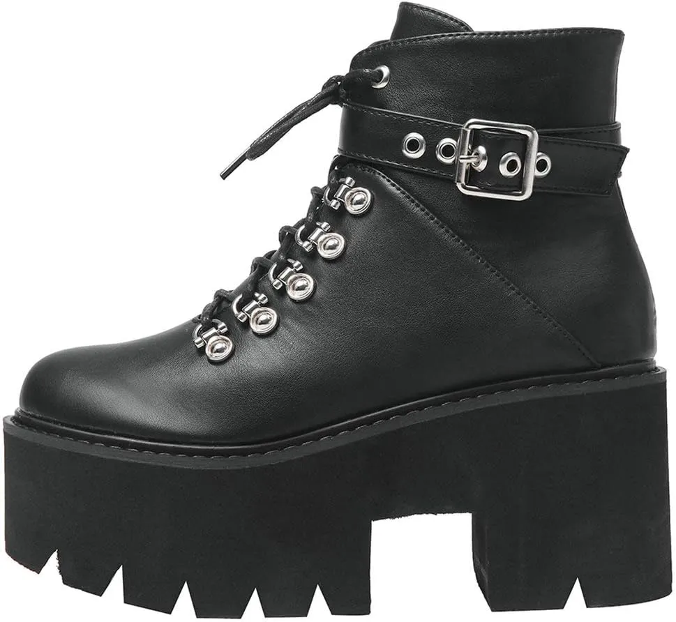Parisuit Womens Goth Patent Ankle Boots Platform Chunky High Heel Lace Up Combat Boots Punk Short Booties