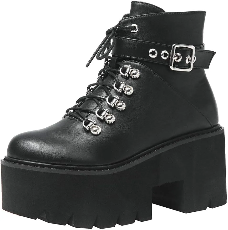 Parisuit Womens Goth Patent Ankle Boots Platform Chunky High Heel Lace Up Combat Boots Punk Short Booties