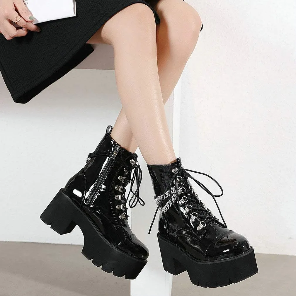 Parisuit Womens Goth Patent Ankle Boots Platform Chunky High Heel Lace Up Combat Boots Punk Short Booties