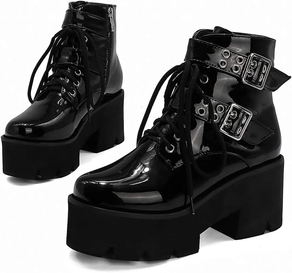 Parisuit Womens Goth Patent Ankle Boots Platform Chunky High Heel Lace Up Combat Boots Punk Short Booties