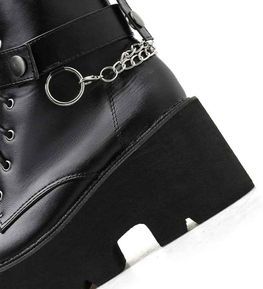 Parisuit Womens Goth Patent Ankle Boots Platform Chunky High Heel Lace Up Combat Boots Punk Short Booties