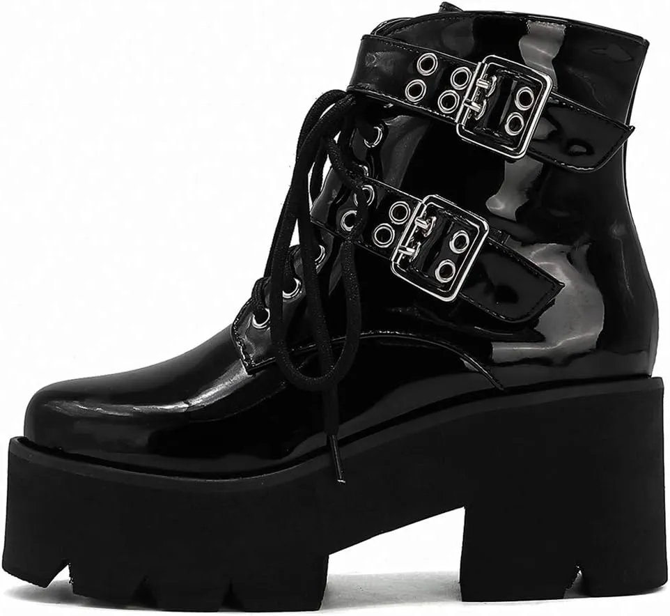 Parisuit Womens Goth Patent Ankle Boots Platform Chunky High Heel Lace Up Combat Boots Punk Short Booties
