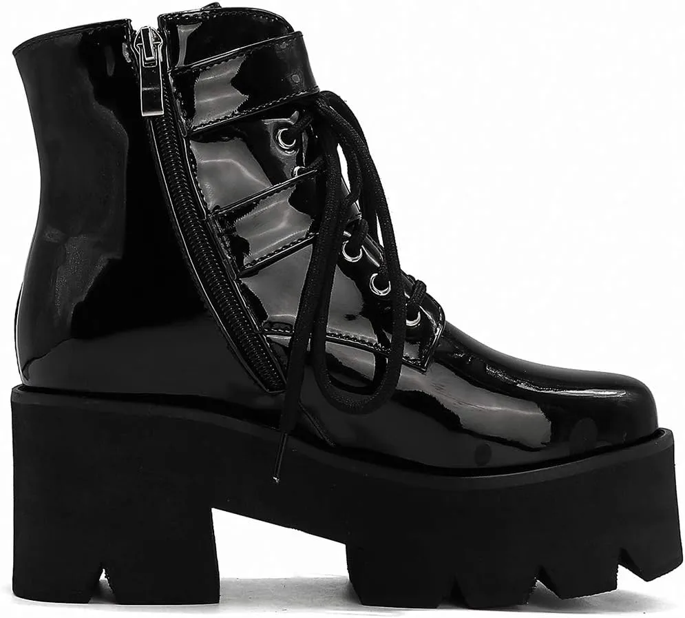 Parisuit Womens Goth Patent Ankle Boots Platform Chunky High Heel Lace Up Combat Boots Punk Short Booties