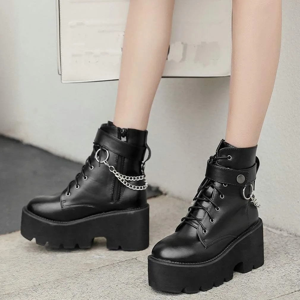 Parisuit Womens Goth Patent Ankle Boots Platform Chunky High Heel Lace Up Combat Boots Punk Short Booties