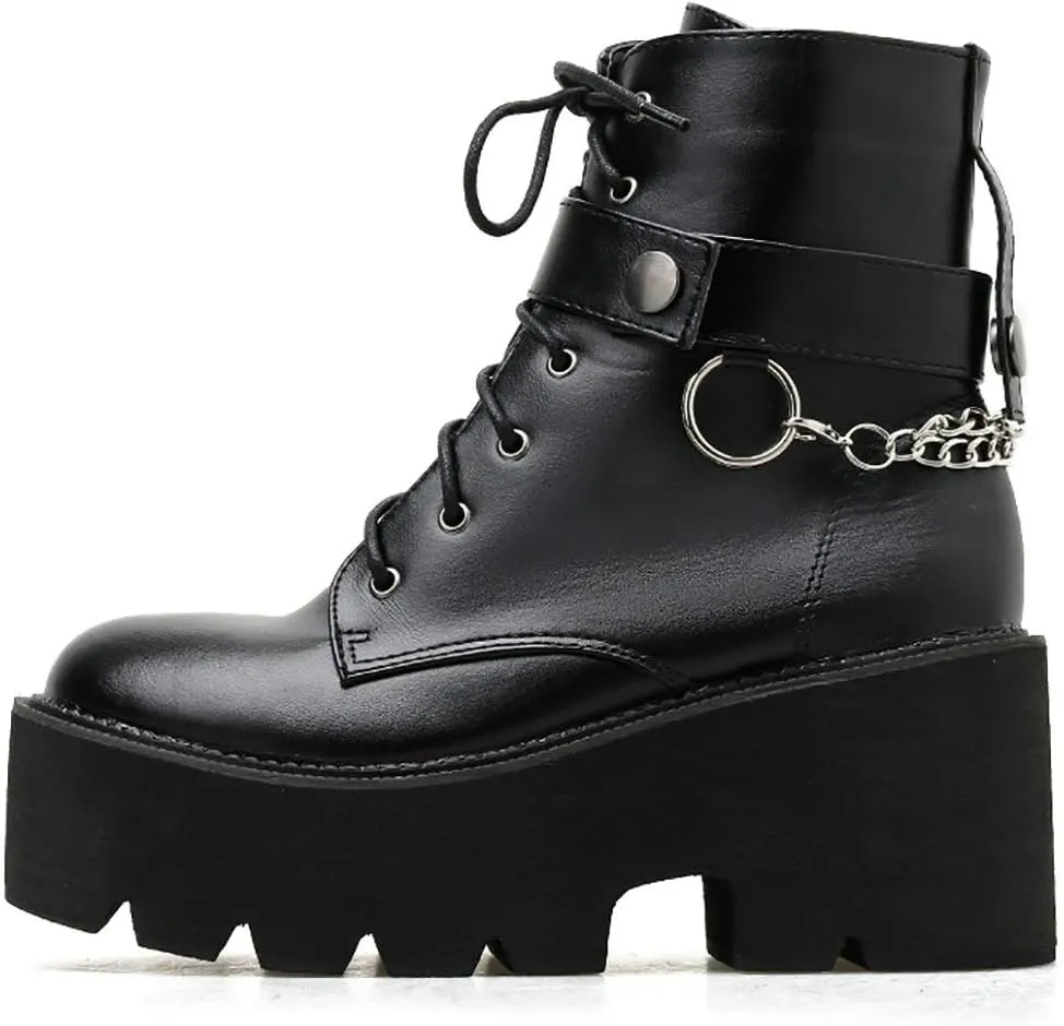 Parisuit Womens Goth Patent Ankle Boots Platform Chunky High Heel Lace Up Combat Boots Punk Short Booties