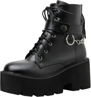 Parisuit Womens Goth Patent Ankle Boots Platform Chunky High Heel Lace Up Combat Boots Punk Short Booties