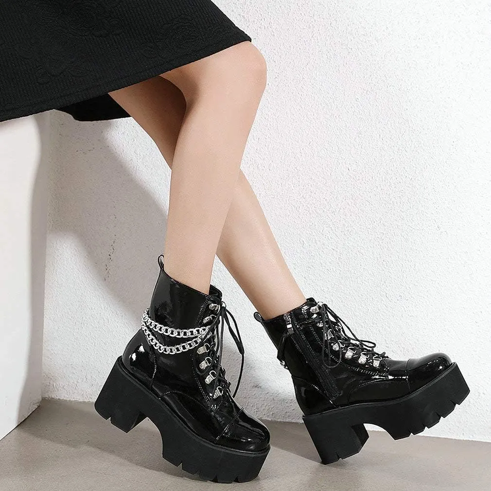 Parisuit Womens Goth Patent Ankle Boots Platform Chunky High Heel Lace Up Combat Boots Punk Short Booties