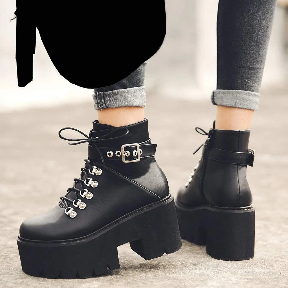 Parisuit Womens Goth Patent Ankle Boots Platform Chunky High Heel Lace Up Combat Boots Punk Short Booties