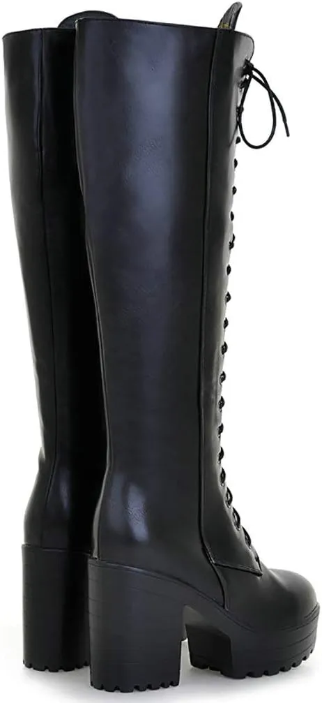 Parisuit Women's Knee High Goth Platform Buckle Boots Chunky High Heel Lace Up Punk Combat Boots with Chain
