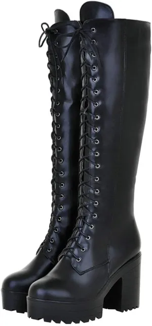 Parisuit Women's Knee High Goth Platform Buckle Boots Chunky High Heel Lace Up Punk Combat Boots with Chain