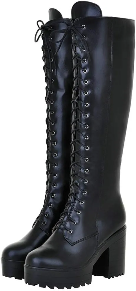Parisuit Women's Knee High Goth Platform Buckle Boots Chunky High Heel Lace Up Punk Combat Boots with Chain