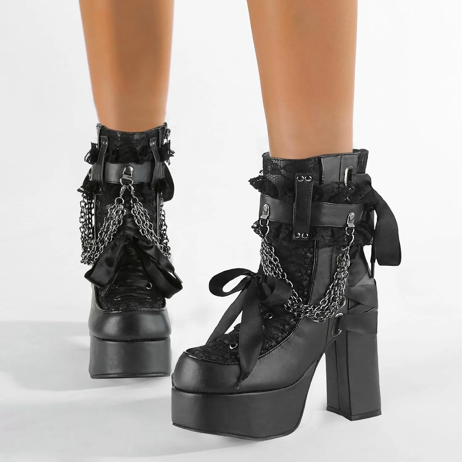 Parisuit Womens Lace Platform Boots Goth Chunky High Heels Ankle Combat Boots Punk Victorian Style Booties with Chain