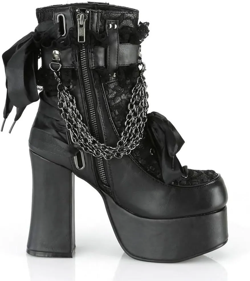Parisuit Womens Lace Platform Boots Goth Chunky High Heels Ankle Combat Boots Punk Victorian Style Booties with Chain