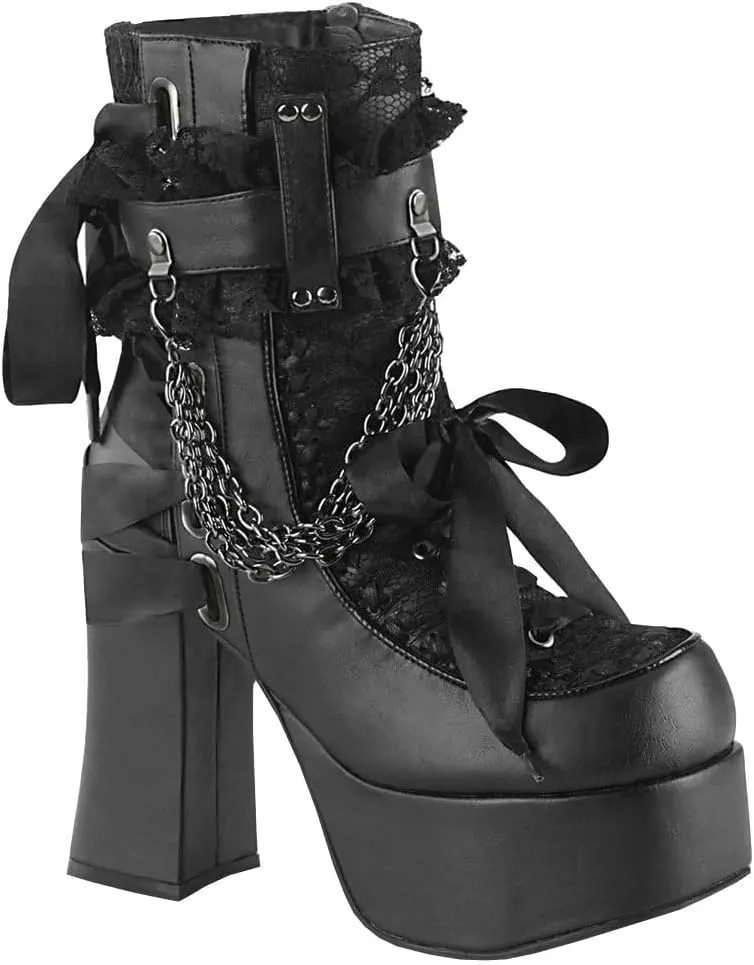 Parisuit Womens Lace Platform Boots Goth Chunky High Heels Ankle Combat Boots Punk Victorian Style Booties with Chain