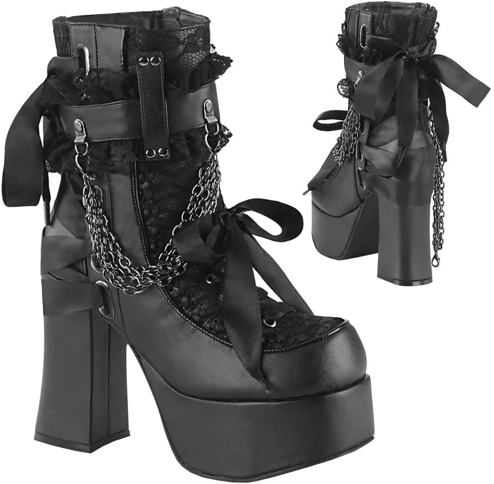 Parisuit Womens Lace Platform Boots Goth Chunky High Heels Ankle Combat Boots Punk Victorian Style Booties with Chain
