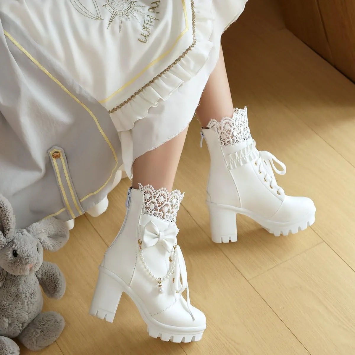 Parisuit Womens Sweet Lace Lolita Platform Boots Goth Chunky High Heel Ankle Boots Lace Up Combat Booties Cosplay Shoes