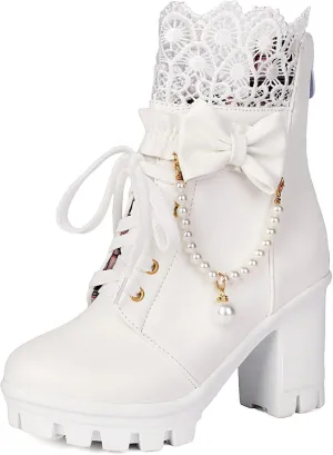 Parisuit Womens Sweet Lace Lolita Platform Boots Goth Chunky High Heel Ankle Boots Lace Up Combat Booties Cosplay Shoes