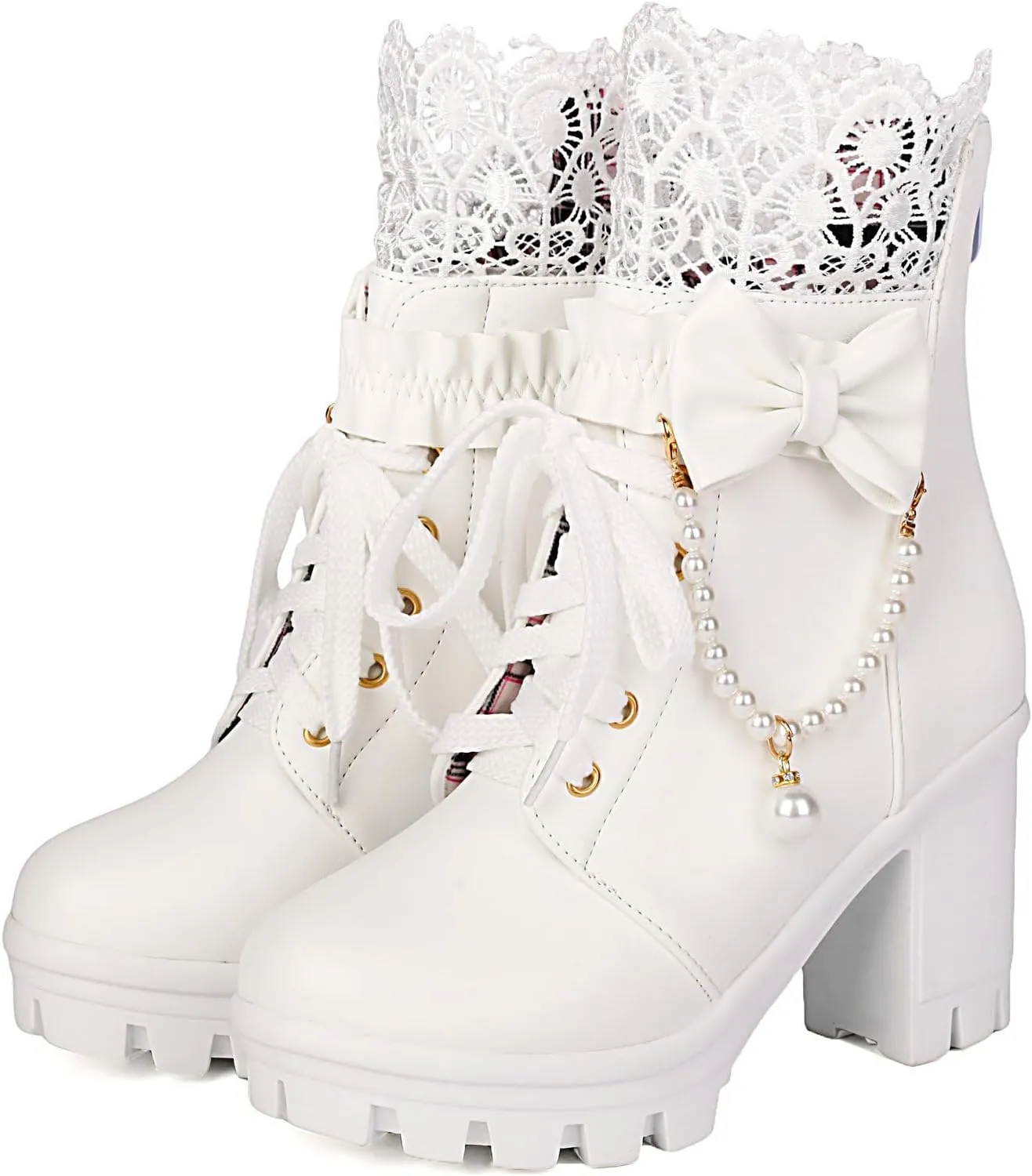 Parisuit Womens Sweet Lace Lolita Platform Boots Goth Chunky High Heel Ankle Boots Lace Up Combat Booties Cosplay Shoes