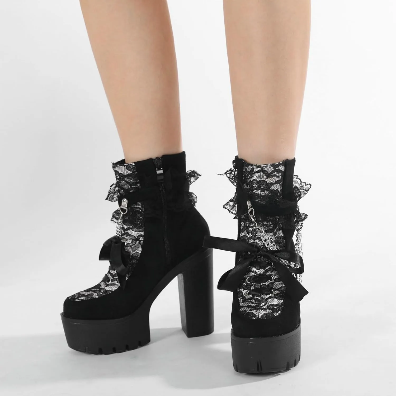 Parisuit Womens Victorian Lace Goth Platform Boots Lace-Up Chunky High Heels Ankle Combat Boots