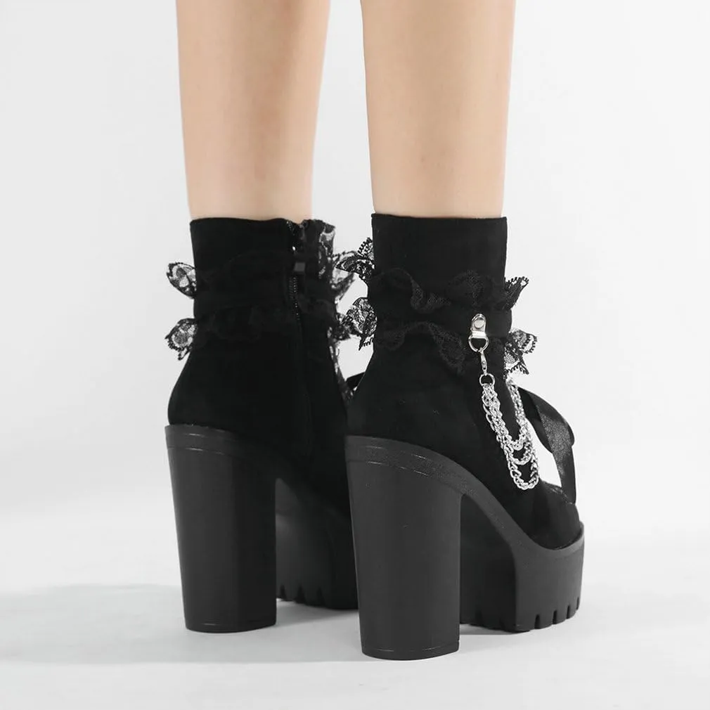 Parisuit Womens Victorian Lace Goth Platform Boots Lace-Up Chunky High Heels Ankle Combat Boots