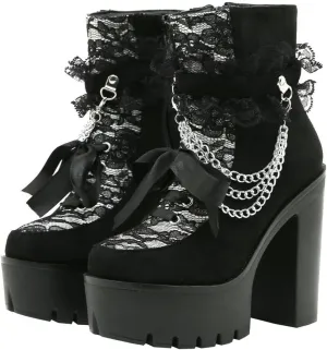 Parisuit Womens Victorian Lace Goth Platform Boots Lace-Up Chunky High Heels Ankle Combat Boots